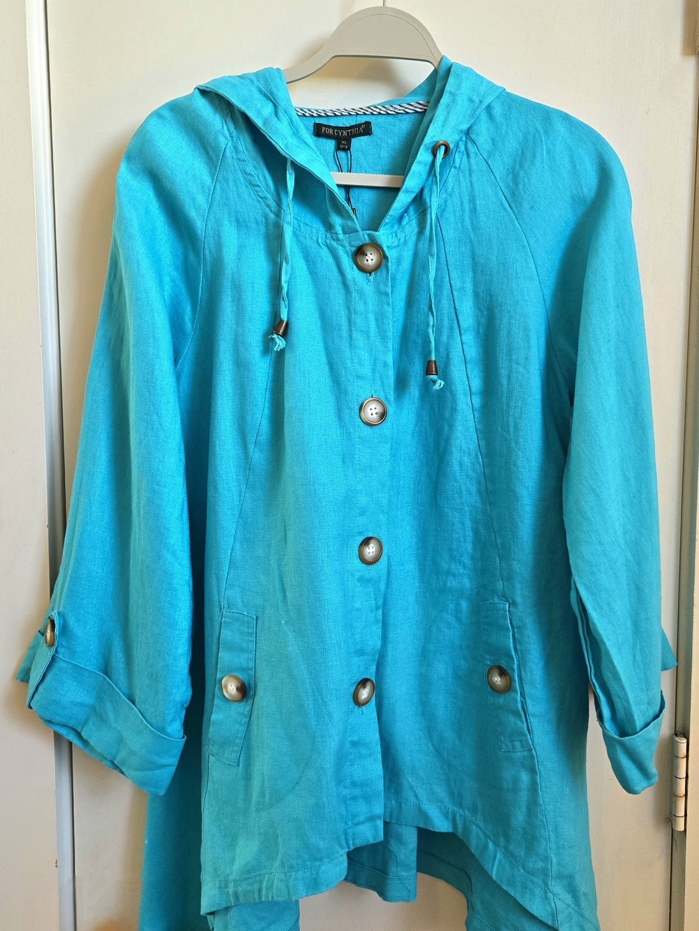 New For Cynthia Coastal Turquoise Linen High Low Jacket